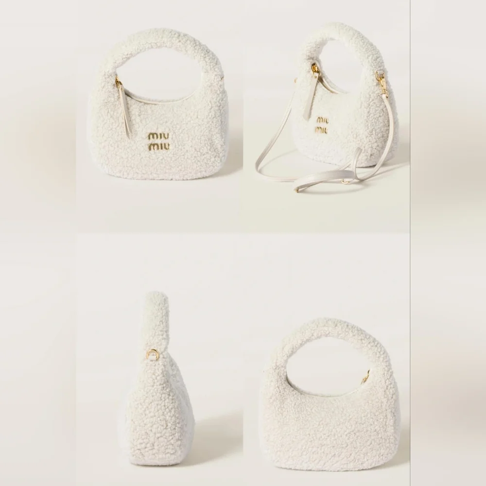 Miu Miu Cream Wander Shearling Hobo Handbag/Crossbody